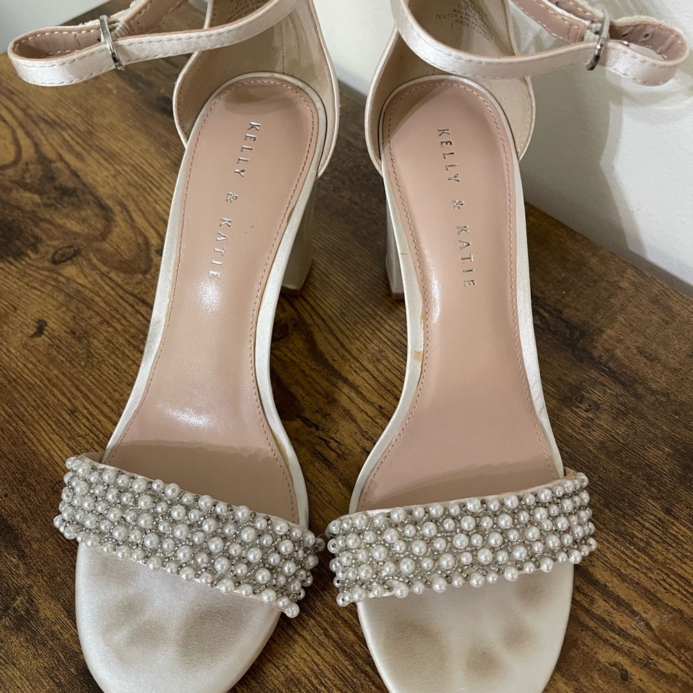 Kelly & Katie Pearl-Embellished Ivory Satin Ankle-Strap Heels